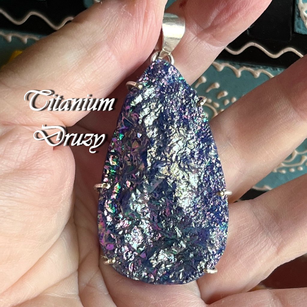 Titanium Druzy Pendant Long Handmade Crystal Gemstone 925 Silver Bohemian Ethnic